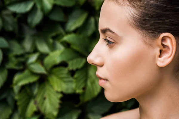 Profile of young woman with green leaves at background — Stock Photo