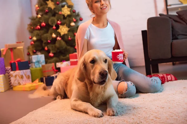 Hermosa joven rubia sentada en el suelo con perro golden retriever y taza de cacao caliente con malvaviscos en Navidad - foto de stock