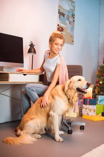 Bela jovem loira mulher sentada na mesa de computador e acariciando golden retriever cão no Natal tempo — Fotografia de Stock