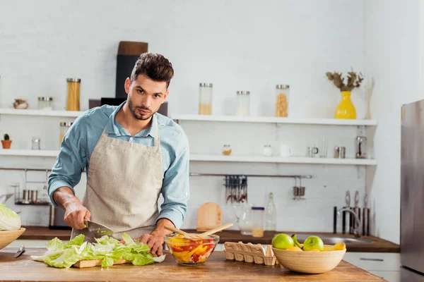 Beau jeune homme dans tablier couper des légumes et regarder la caméra dans la cuisine — Photo de stock