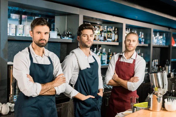 Equipo de barmen adulto de pie en el lugar de trabajo con los brazos cruzados - foto de stock
