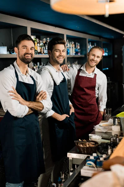 Handsome bartenders standing in aprons and smiling in bar — Stock Photo