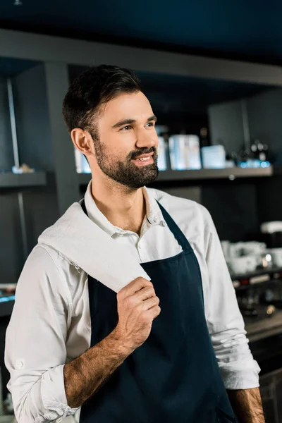 Bonito barman de pé com guardanapo branco no bar — Fotografia de Stock