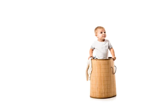Menino bonito criança de pé na cesta de lavandaria de vime isolado no branco — Fotografia de Stock