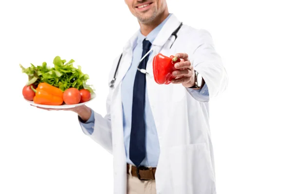 Cropped view of doctor holding pepper and plate of fresh vegetables with greenery isolated on white, healthy eating concept — Stock Photo