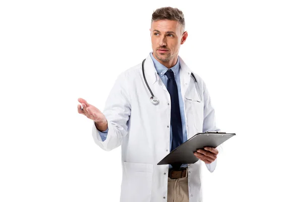 Doctor in white coat with stethoscope holding diagnosis isolated on white — Stock Photo