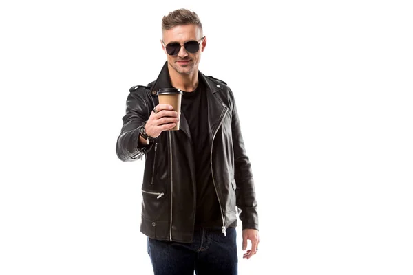 Stylish adult man in leather jacket drinking coffee to go isolated on white — Stock Photo