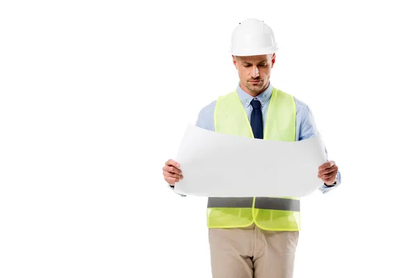 Focused engineer in helmet holding blueprint isolated on white — Stock Photo
