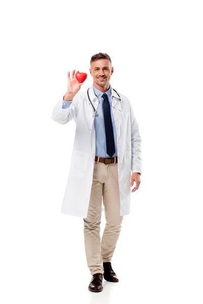 Handsome doctor holding heart model in hand isolated on white, heart healthcare concept — Stock Photo