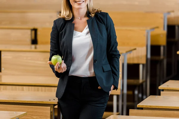 Vista ritagliata di insegnante di sesso femminile in abbigliamento formale tenuta mela in classe — Foto stock