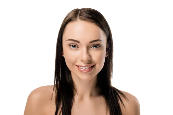 Portrait of attractive naked girl smiling at camera isolated on white — Stock Photo