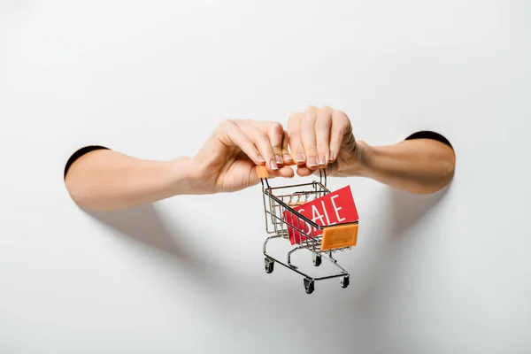 Cropped image of woman holding small shopping cart with sale sign through holes on white — Stock Photo