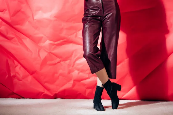 Low section view of model posing in burgundy leather pants on red background — Stock Photo