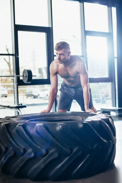 Handsome shirtless sportsman working out and lifting tire in gym — Stock Photo