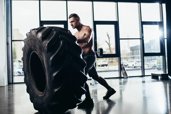 Вид сбоку красивого спортсмена без рубашки, тренирующегося и поднимающего шины в тренажерном зале — стоковое фото
