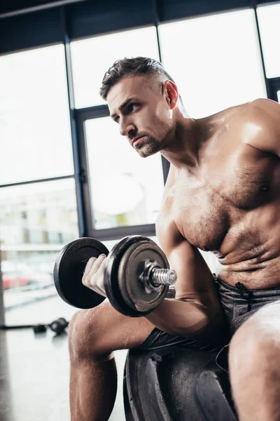 Красивый потный спортсмен без рубашки, сидящий на шине и тренирующийся в спортзале гантели — стоковое фото