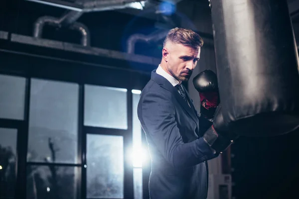 Side view of handsome businessman in suit boxing in gym — Stock Photo