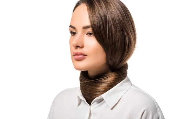 Jolie fille avec les cheveux longs autour du cou isolé sur blanc — Stock Photo