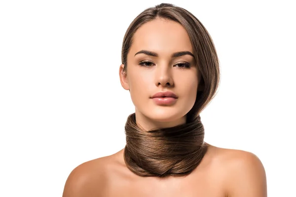 Beautiful girl with long brown hair around neck looking at camera isolated on white — Stock Photo