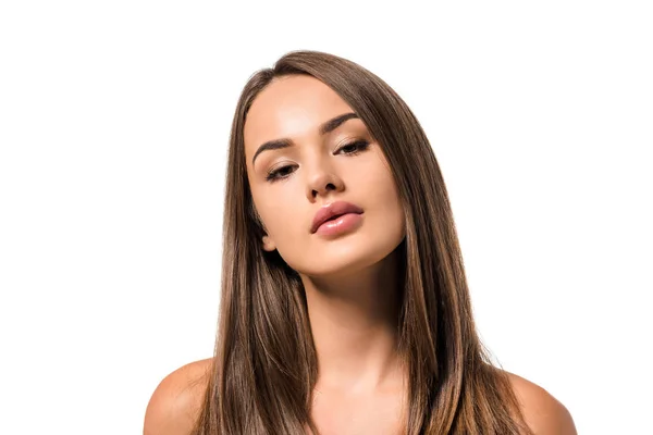 Hermosa mujer mirando a la cámara aislada en blanco — Stock Photo