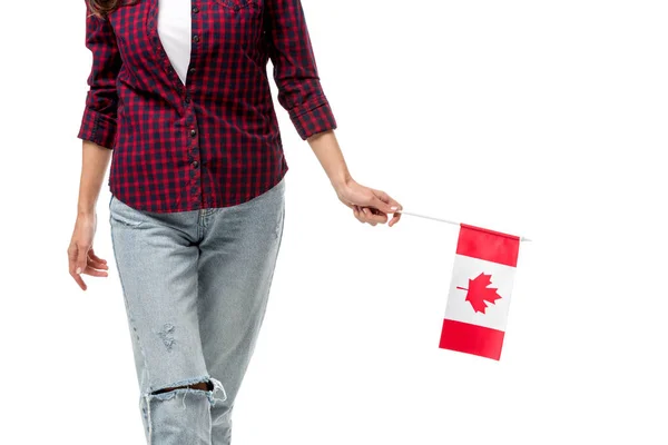 Часткове зору того, Жінка тримає Канадський прапор ізольовані на білому — стокове фото