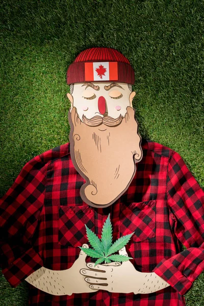 Hombre de cartón con camisa a cuadros con cannabis sobre hierba verde, concepto de legalización de la marihuana - foto de stock