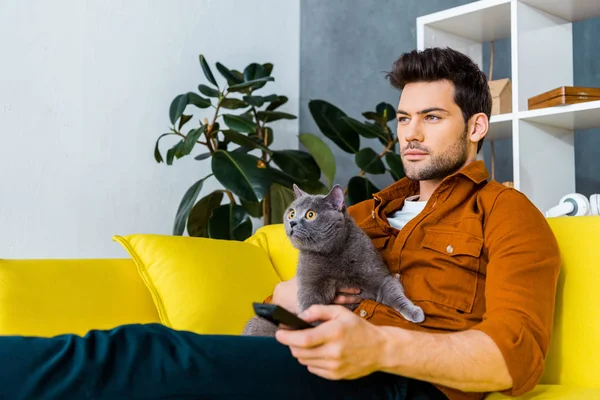 Bel homme avec télécommande et chat gris regarder la télévision à la maison — Photo de stock