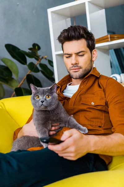 Guapo hombre sosteniendo control remoto y gris gato en casa - foto de stock