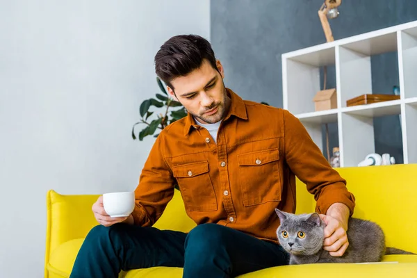 Homem bonito segurando xícara de café e sentado no sofá com gato — Fotografia de Stock