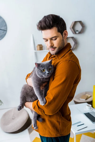 Casual sorrindo homem segurando britânico shorthair gato — Fotografia de Stock