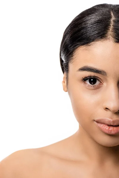 Cropped shot of beautiful young african american woman looking at camera isolated on white — Stock Photo