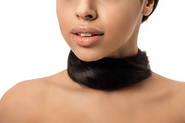 Cropped shot of tender young african american woman with brunette hair around neck isolated on white — Stock Photo