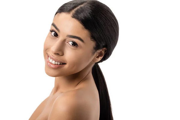 Portrait of beautiful young naked african american woman smiling at camera isolated on white — Stock Photo