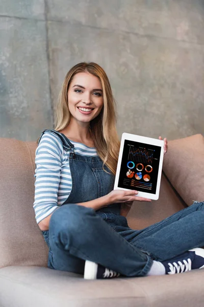 Adult girl sitting on sofa and showing screen of digital tablet — Stock Photo