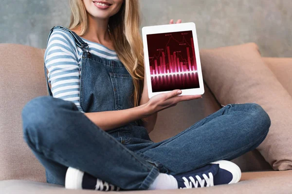 Обрізаний вид на молоду дівчину, що сидить на дивані і показує екран цифрового планшета — стокове фото