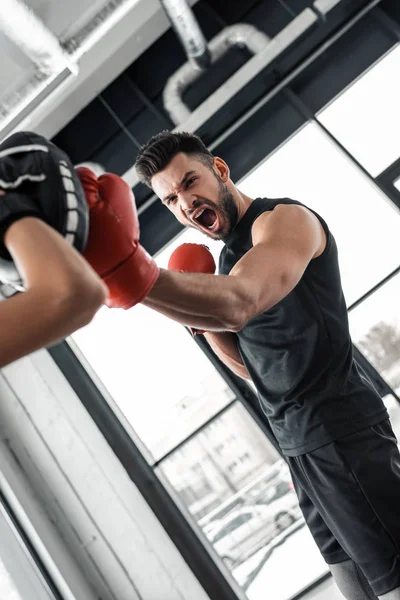 Partial view of trainer and emotional male boxer in boxing gloves training together in gym — Stock Photo