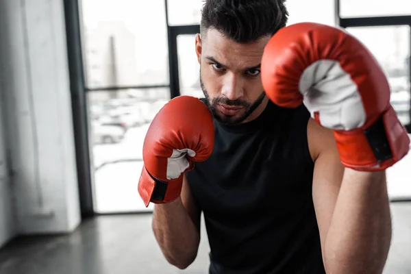 Handsome young sportsman in boxing gloves looking at camera in gym — Stock Photo