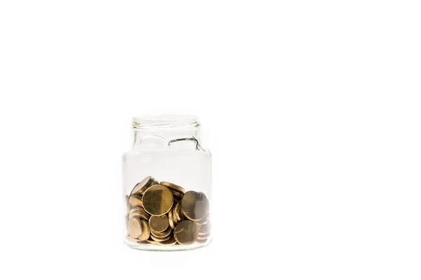 Golden coins in glass jar isolated on white — Stock Photo