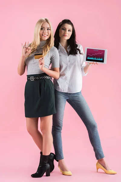 Chicas alegres sosteniendo tableta digital con aplicación de traiding en la pantalla y tarjeta de crédito sobre fondo rosa - foto de stock