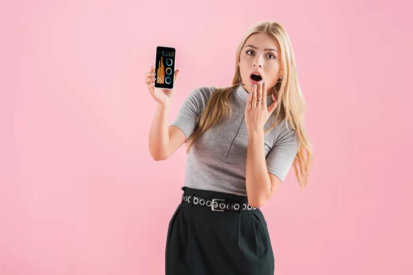 Шокована жінка, що показує смартфон з інфографікою на екрані, ізольована на рожевому — стокове фото