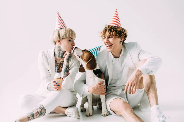 Blonde woman kissing beagle dog near happy boyfriend isolated on grey — Stock Photo