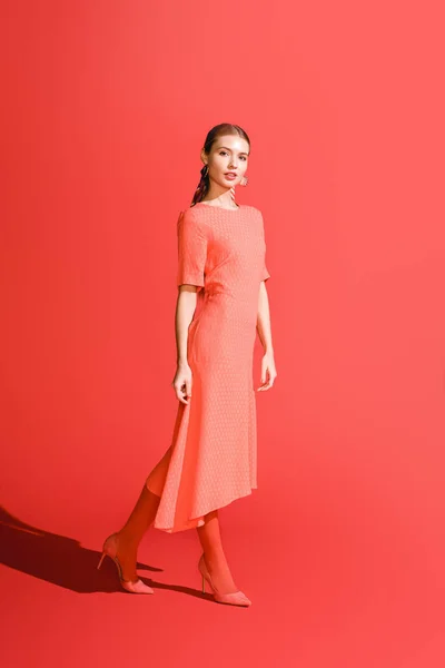 Элегантная стильная девушка позирует в живом коралловом платье на красном фоне — стоковое фото