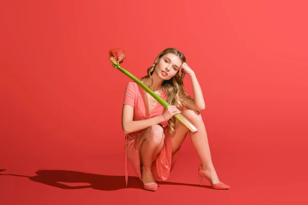 Attractive woman in dress holding flower on living coral. Pantone color of the year 2019 concept — Stock Photo