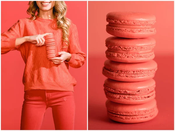 Collage avec des macarons doux et femme à la mode en corail vivant. Couleur Pantone de l'année 2019 concept — Photo de stock