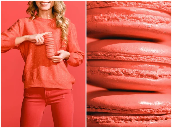 Collage with sweet macarons and fashionable young woman in living coral. Pantone color of the year 2019 concept — Stock Photo
