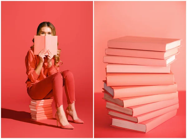 Collage with living coral books and elegant girl reading book. Pantone color of the year 2019 concept — Stock Photo