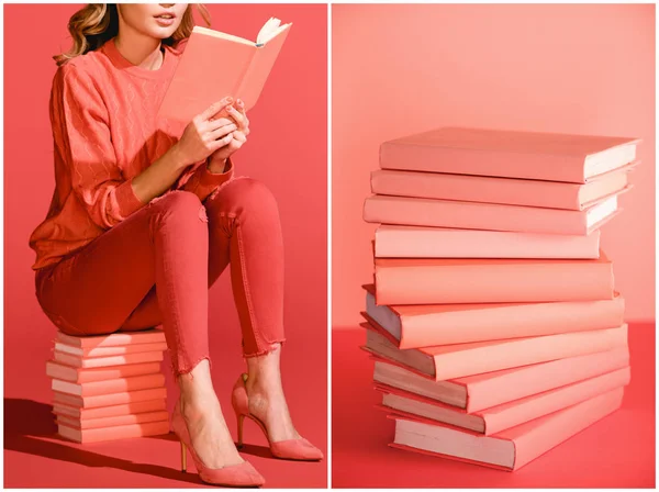 Collage with living coral books and stylish girl reading book. Pantone color of the year 2019 concept — Stock Photo