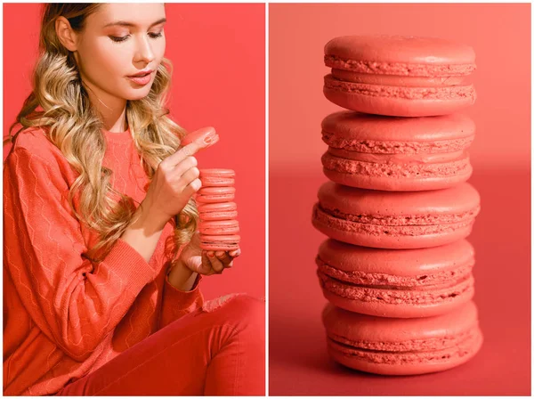 Collage with sweet macarons and stylish blonde girl in living coral. Pantone color of the year 2019 concept — Stock Photo