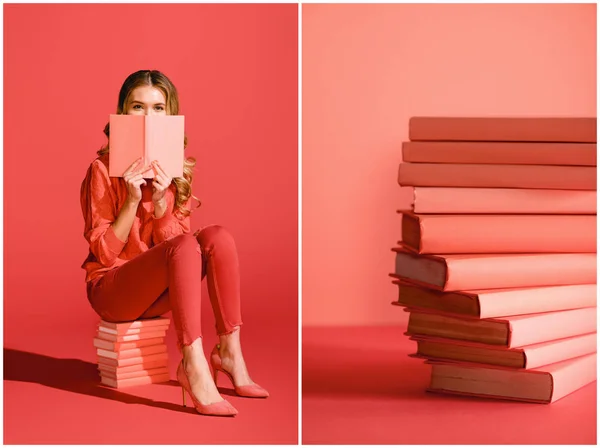 Collage with living coral books and young woman reading book. Pantone color of the year 2019 concept — Stock Photo