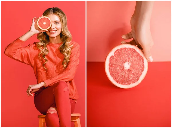 Collage avec fille gaie et pamplemousse frais sur corail vivant. Couleur Pantone de l'année 2019 concept — Photo de stock